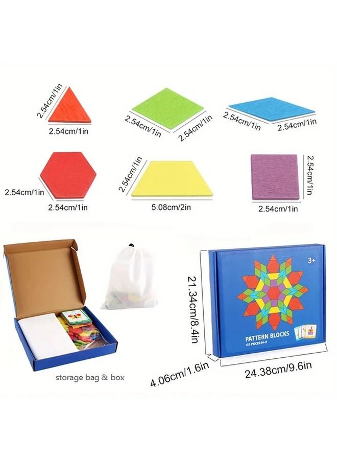 155 قطعة مجموعة مكعبات خشبية بأشكال هندسية لغز تعليمي لأطفال STEM مع 24 بطاقة تعليمية - Image 3